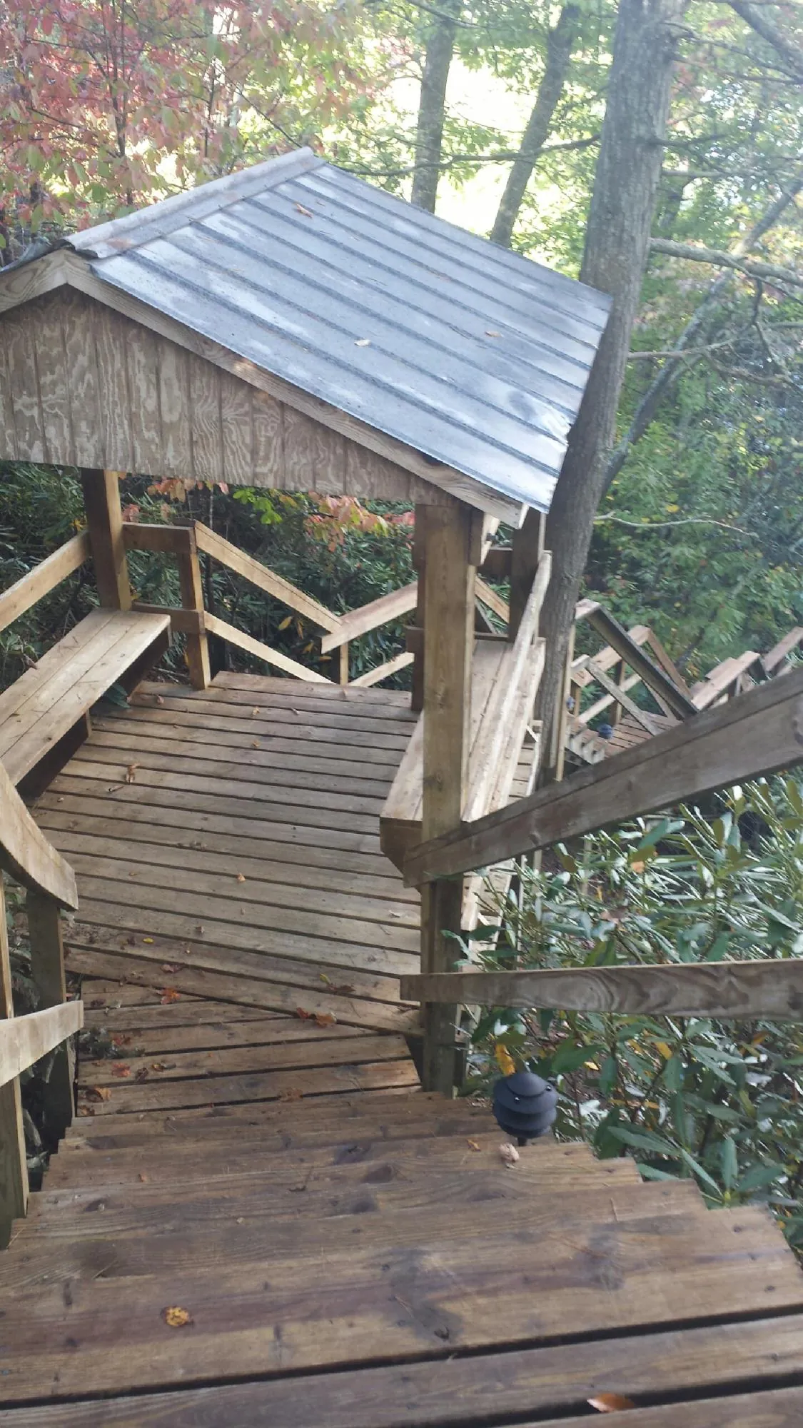 Metal roofed shelter over wooden steps on a wooded walkway — Skylight Repair & Installation work by our crew in Campti